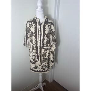 NWT Commense Off White Brown Mini Skirt Set with Half Sleeve Button Up Top Sz M